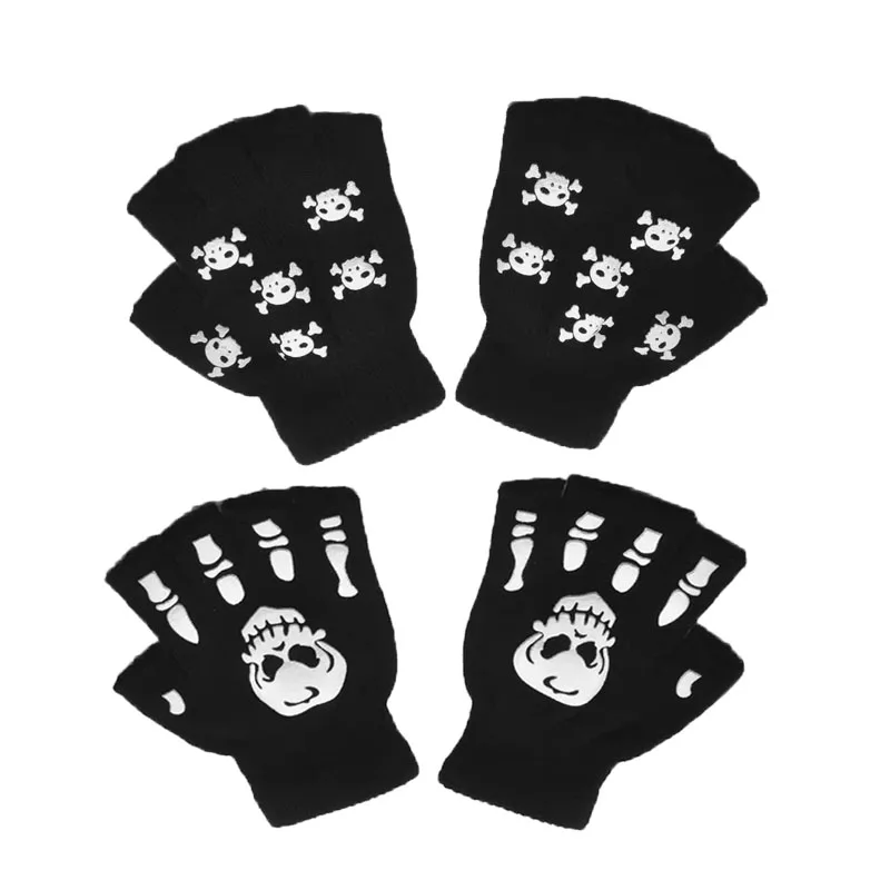 1/2/3/4 paar New Kids Halloween Skeletschedel Half Vinger Lichtgevende Punk Handschoenen Winter schedel Vingerloze Zwarte Wanten