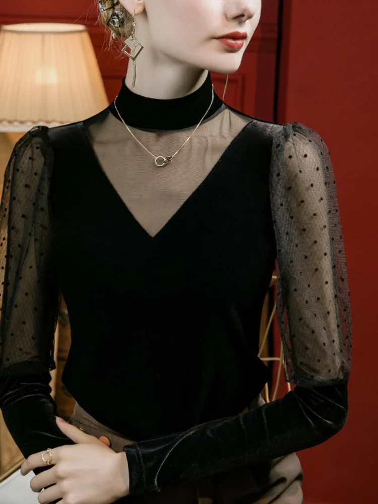 클래식 무용 공연 및 무대 연습복, 라틴 댄스 라인 탑용 메쉬 패치워크 하이넥 퍼프 소매 슬림핏 탑