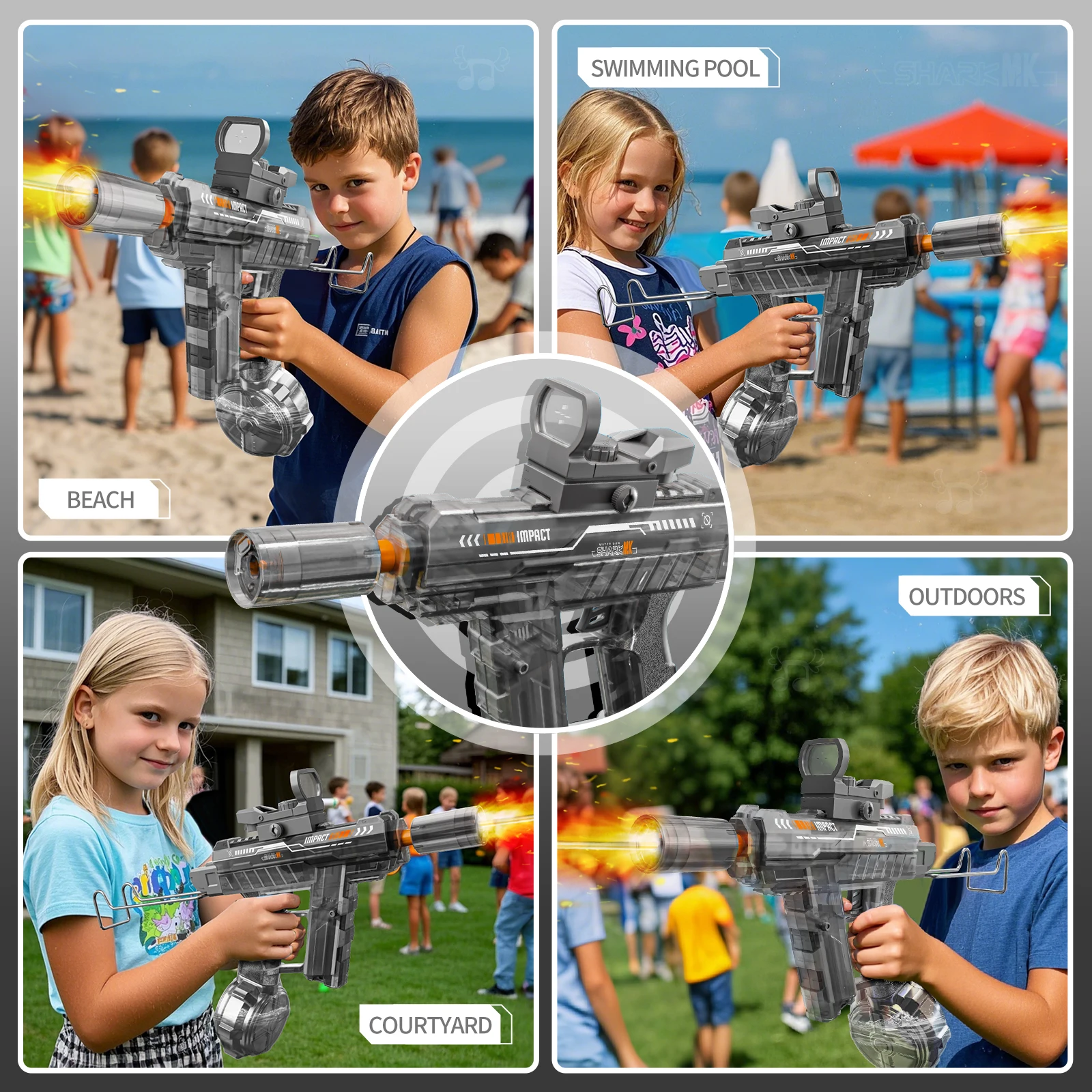 Nuova pistola ad acqua elettrica a fiamma simulata UZI per bambini Pistola ad acqua automatica ad alta pressione per bambini Pistola ad acqua da spiaggia estiva all'aperto
