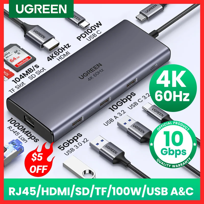UGREEN 10Gbps USB C HUB 4K60Hz Type C to HDMI2.0 RJ45 PD 100W Adapter For Macbook iPad Pro Air M2 M1 Sumsang PC Accessories HUB
