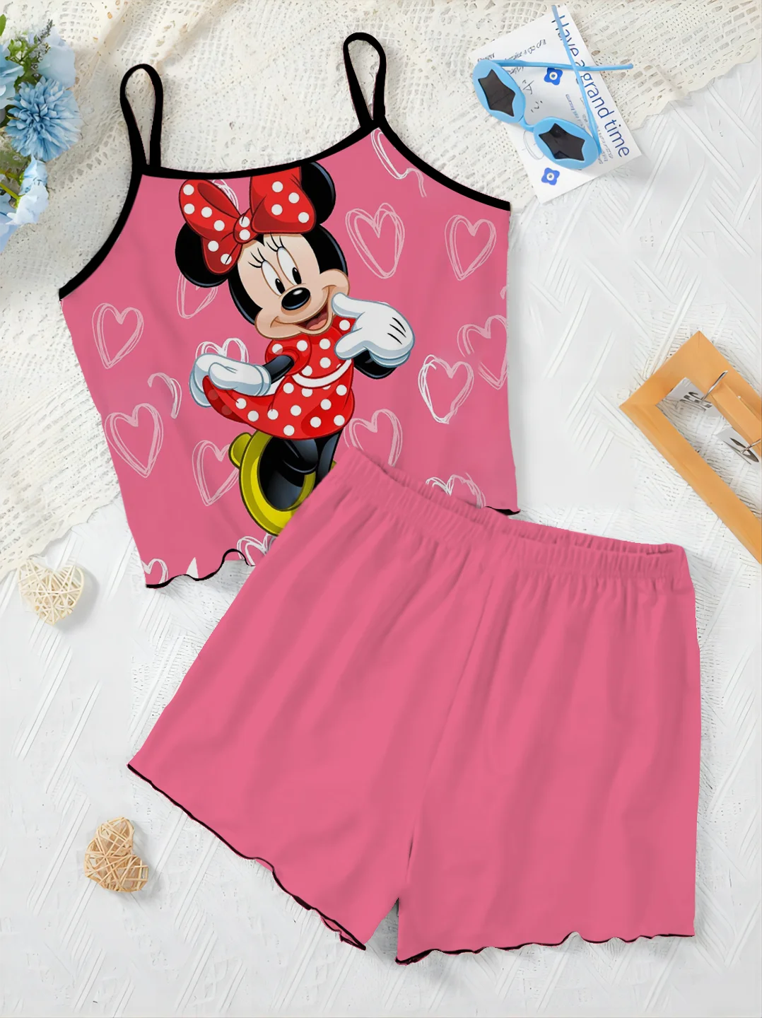 Conjunto elegante de Disney para mujer, Top con falda de pijama con ribete de lechuga, camiseta de Mickey y Minnie Mouse, traje corto