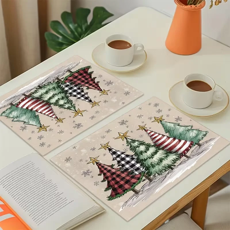 Christmas Tree Placemat Anti-fouling Table Mat Buffalo Plaid Xmas Snowflake Dining Table Pad for Holiday Home Party Decor