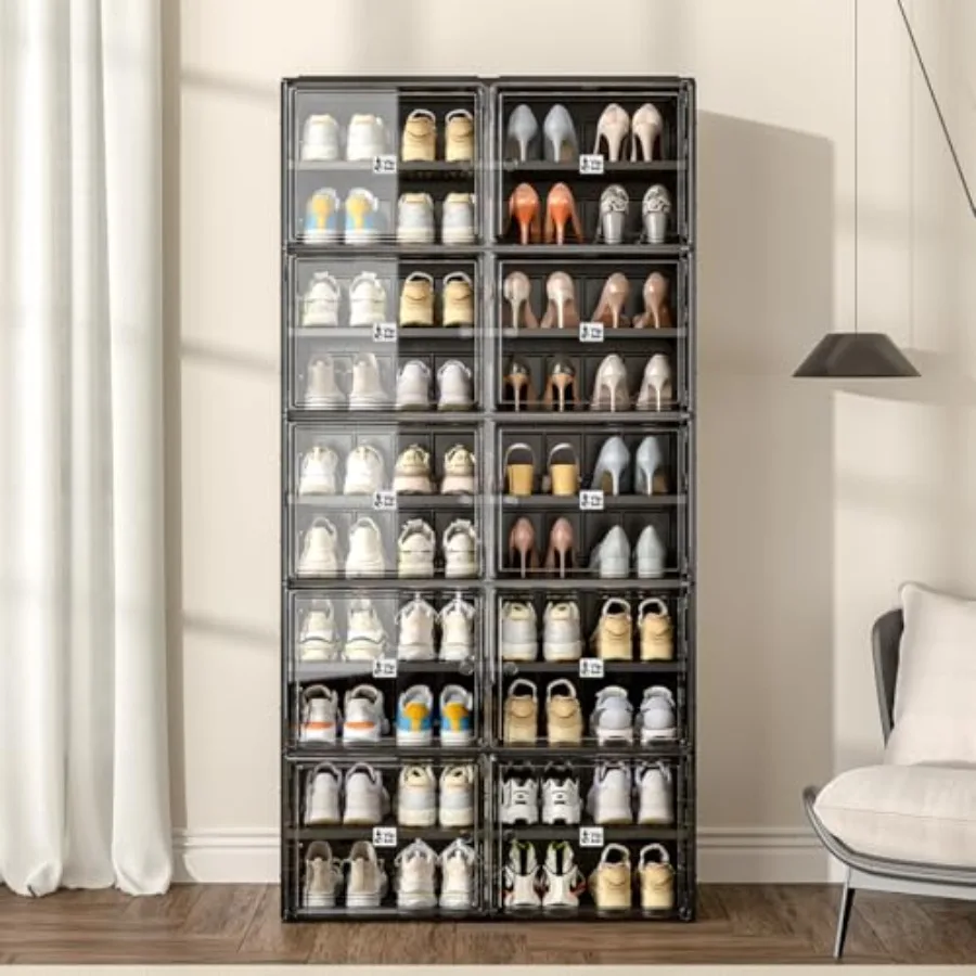 Shoe Rack Organizer Cabinet for Closet Entryway, Clear Shoe Storage Boxes Stackable Sneaker Storage with Door Easy Assembly Bla