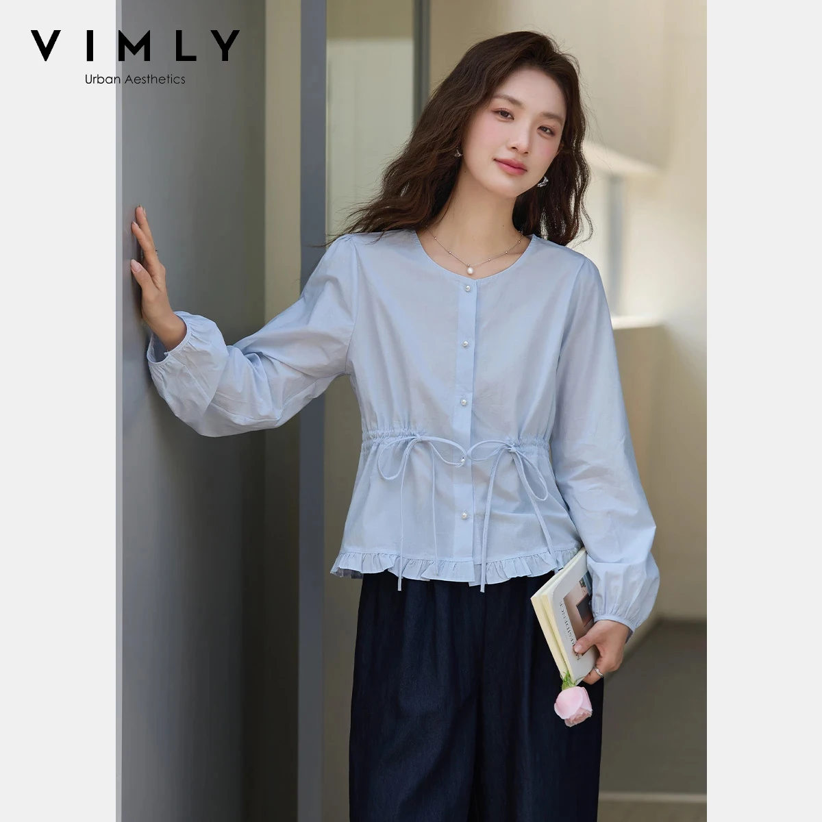 

VIMLY Women's Commute Cotton Blouse 2026 Spring New Casual Light Blue Round Neck Ruffle Hem Lantern Sleeve Tie Waist Shirt 30735