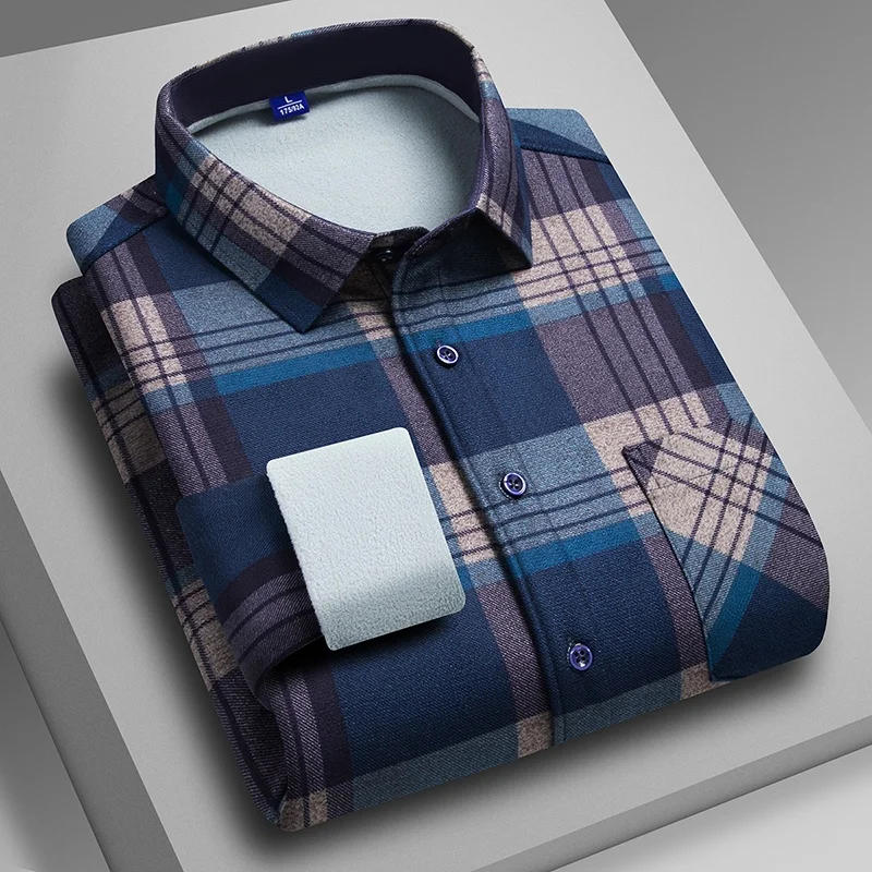 Autumn 2025 New Style Men's Fleece Lined Thickened Long Sleeve Shirt Pocket Shirt Luxury High-End Casual Comfortable Men's Wear