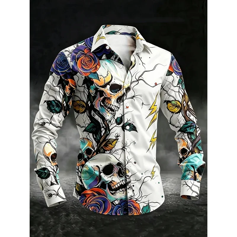 Men's Rose Skull Lightning Art Graffiti Print Long Sleeve Shirt Turn‑Down Collar Loose Tops For Club Party Daily Wear