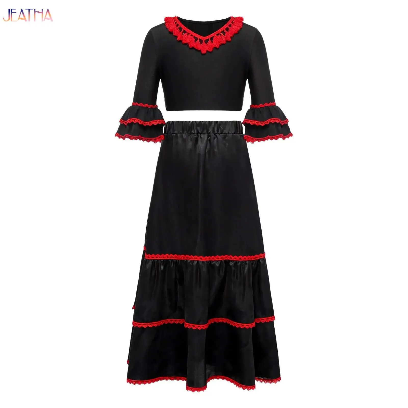 

Spanish Flamenco Dance Skirt Tops Set for Kids Girls Tassel Tiered Ruffles Ballroom Dress Performance Competition Clothes