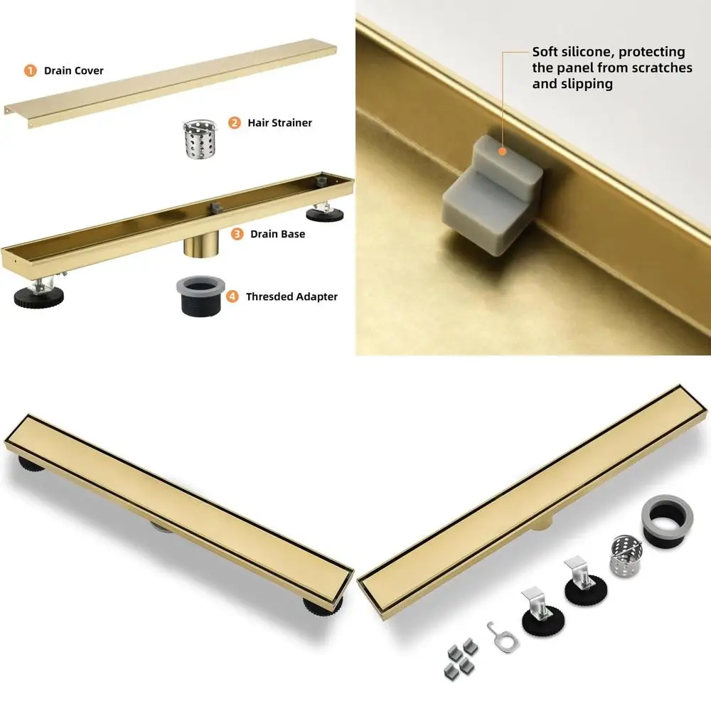

24 Brushed Gold 304 SS Tile Insert Shower Drain with Hair Catcher & Adjustable Feet