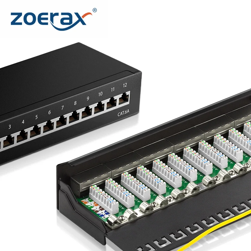 ZoeRax 10Gbps RJ45 CAT6A Patch Panel  8/12 Port 1U Desktop & Wall Mounting Shielded for Socket LAN Network Installation Cable