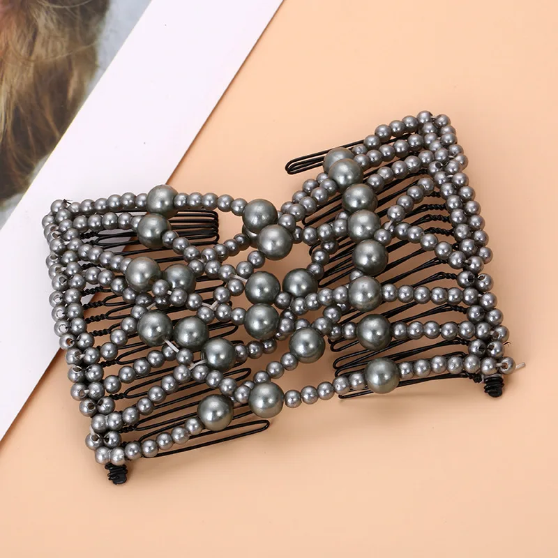 Women DIY Hair Accessories Pearl Beaded Elastic Hair Claw Hairpin Magic Comb Up-Do Hairstyle Bun Maker Tool Ponytail Hairdo Wolf