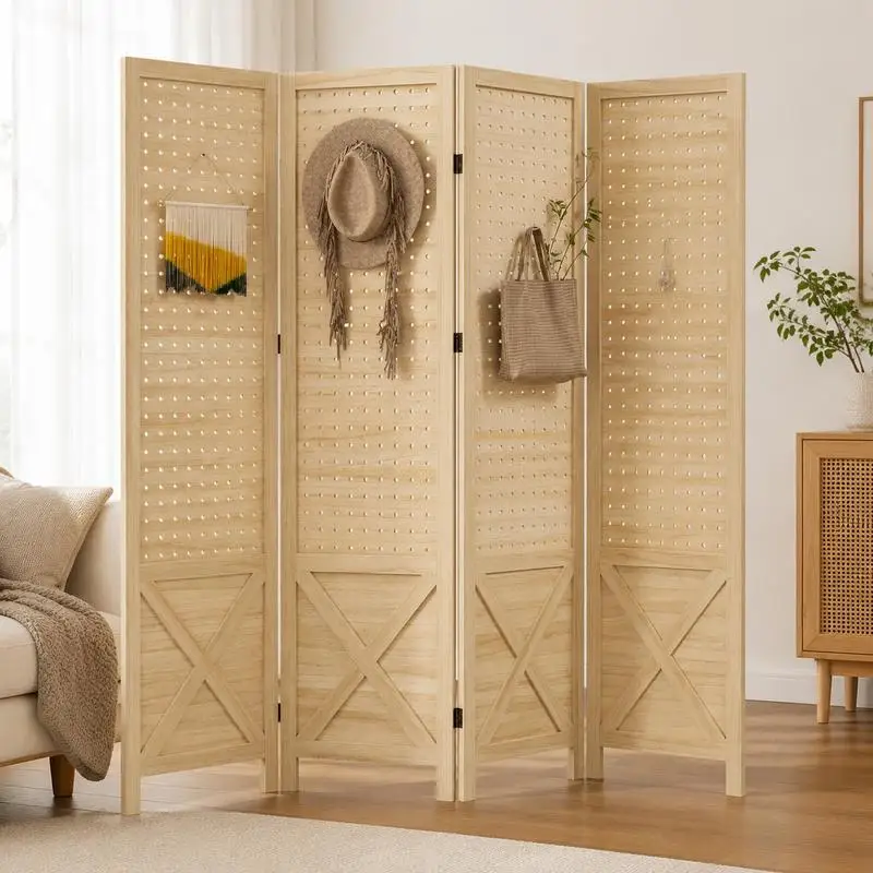 Paravent intérieur en bois naturel 4 panneaux 152 x 1,7 x 144,5 cm, séparateur de pièce pliable avec panneaux perforés, cloison amovible pour salon, chambre, bureau, appartement, petit espace, décoration intérieure, style scandinave minimaliste moderne