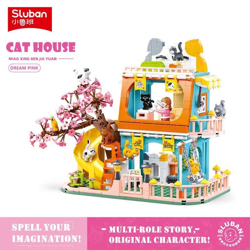 Sluban Building Block Toys Girls Dream Pink Series B1089 Cat House Pet Shop 521PCS Bricks Compatbile With Leading Brands