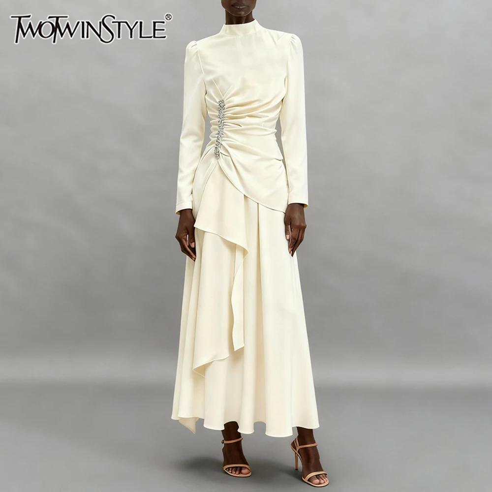 

TWOTWINSTYLE Slimming Spliced Bead Elegant Dresses for Women Stand Neck Long Sleeves Patchwork Folds Dress Female Fashion New