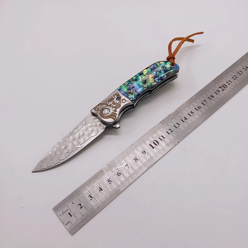 Outdoor Damascus steel steel outdoor self-defense folding knife Caibei acid wood handle sharp knife