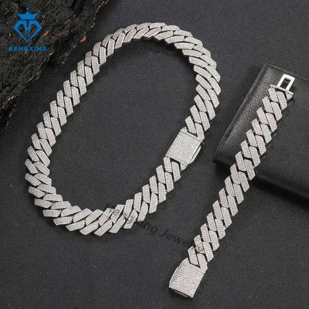 

Fashion Jewelry S925 Iced Out Cuban Chain Bracelet 18mm Vvs Moissanite Diamonds Hip Hop Cuban Link Chain Necklace