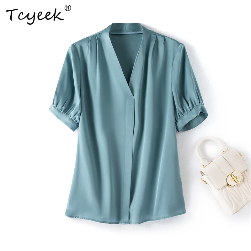 

Tcyeek 93% Mulberry Silk 7% Spandex Summer Thin Short Sleeve High End V-neck Solid Color Women's Shirts Женская Одежда 여름옷
