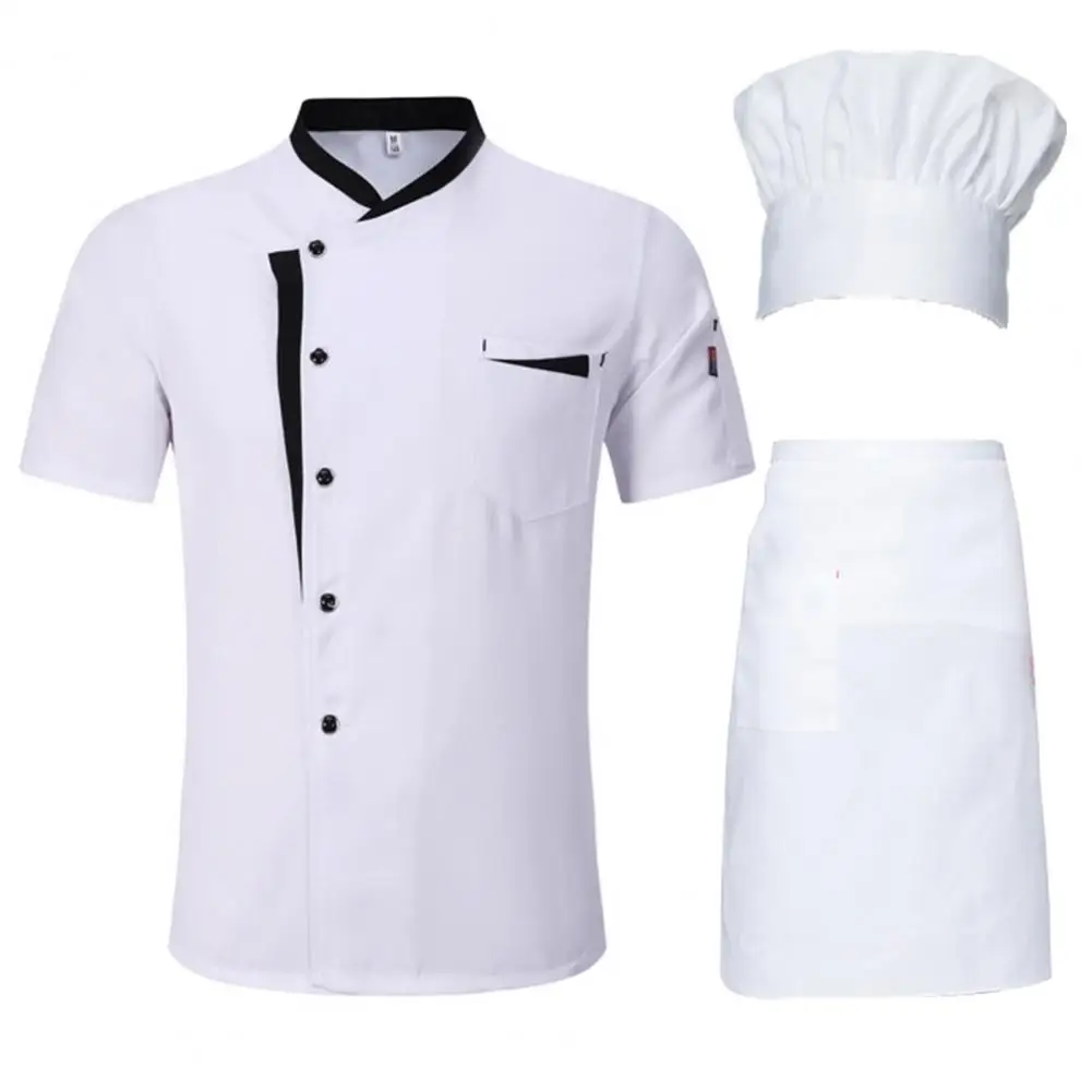 Breathable Chef Suit Hotel Kitchen Chef Uniform Set 3pcs Unisex Stand Collar Apron Hat Short Sleeve Shirt for Restaurant Cooking