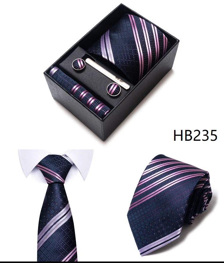 Hochwertige lila gestreifte Krawatte Taschentuch Manschettenknopf Set für Männer Krawatte Urlaub Geschenkbox Anzug Zubehör Hochzeit Gravats – Detail 13