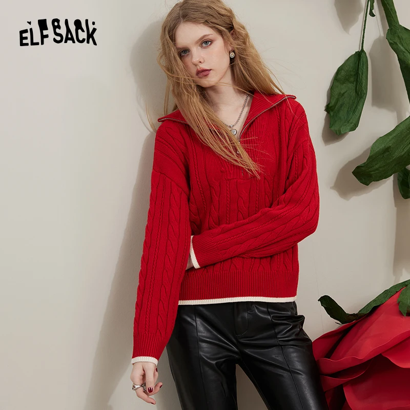 ELFSACK Turn-down Collar Pullover Sweaters Women 2022 Winter Loose Long Sleeve Knitwears