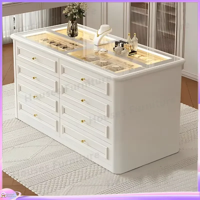 Luxury Shoe Cabinet Storage Organizer with LED Light Glass Display Drawer Locker Eco Friendly High End Island Desktop Jewelry