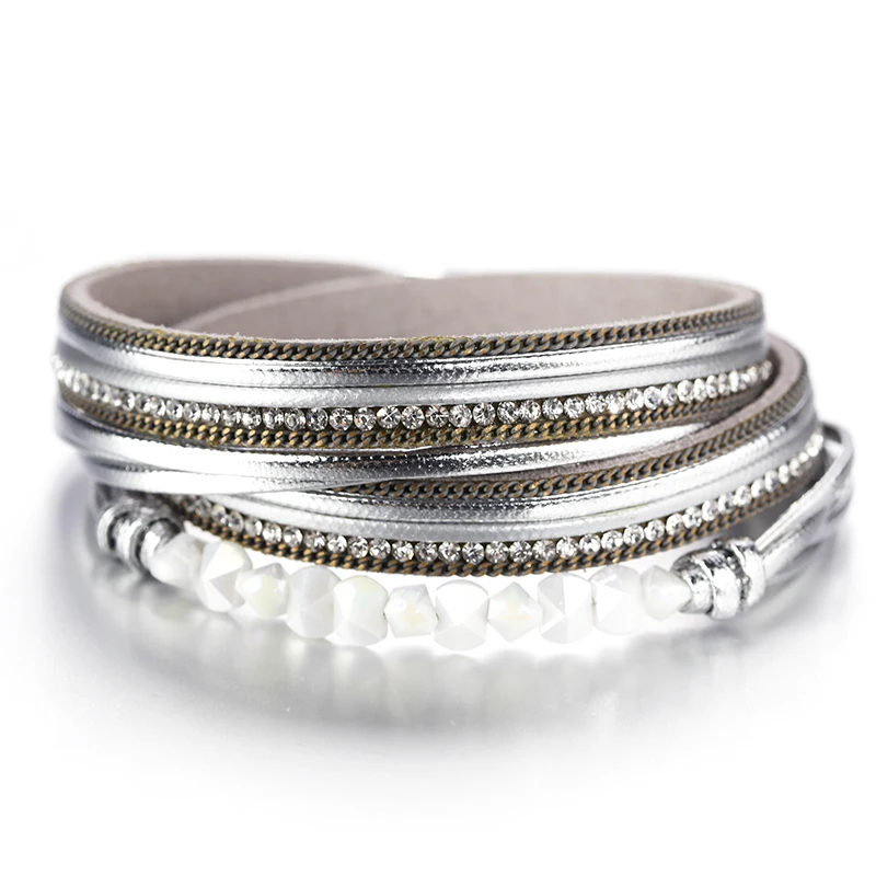 

Amorcome Trendy Crystal Beads Charm Leather Bracelets for Women Shiny Rhinestone Multilayer Wrap Bracelet Femme Wrist Jewelry