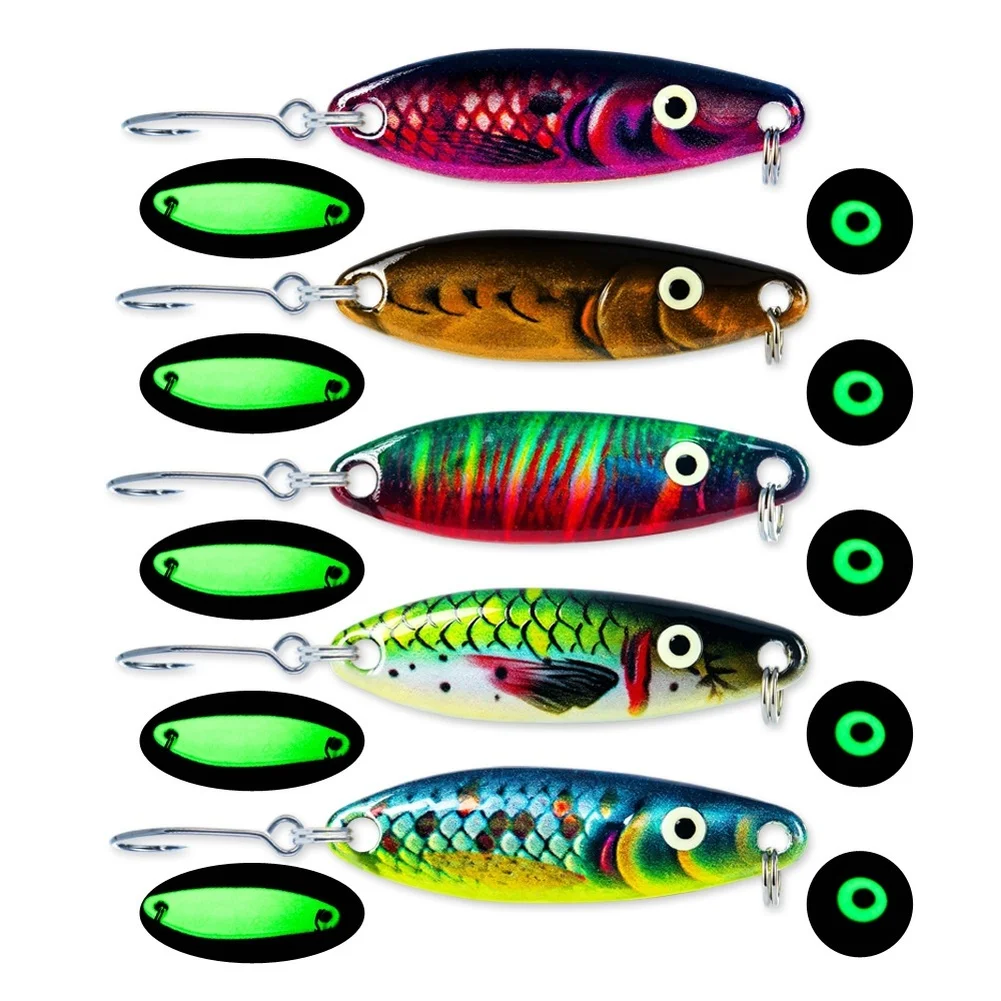 

5 Pcs/box Mix Colors Fishing Lure Swim Bait Artificial Trout Pesca Fishing Tackle Set Curved Metal Artificial Bait 3D Luminous
