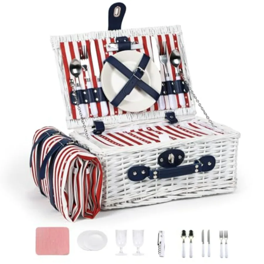 

Wicker Picnic Basket for 2 with Waterproof Blanket and Insulated Bag, Red White Blue Star Pattern, Ideal for Soccer Games, Camp