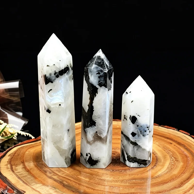Natural Moonstone Crystal Tower Hexagonal Obelisk Point Wand Polished Healing Stone Reiki Energy Home Desktop Decor