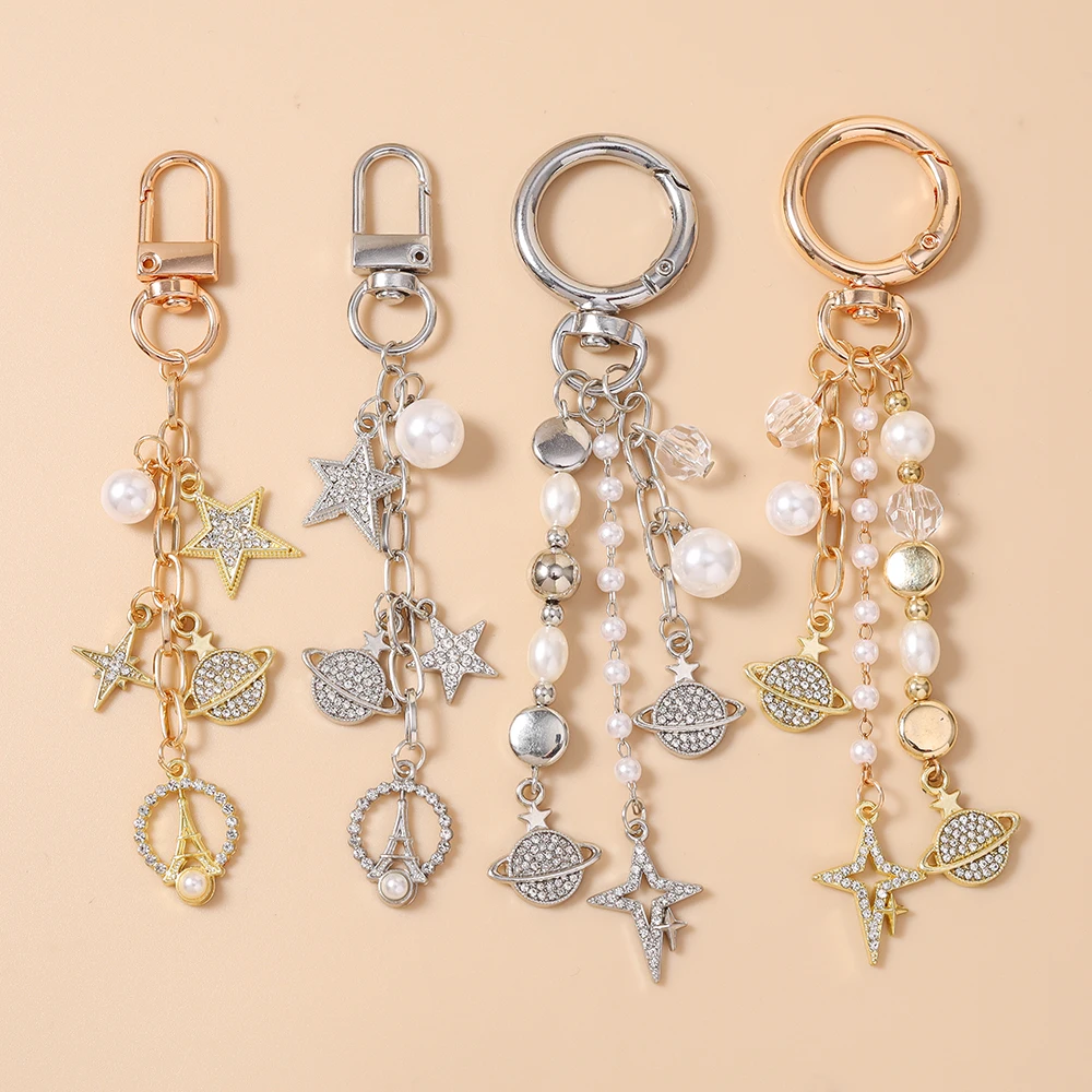 Aihua Niedlicher Kristall-Stern Schlüsselanhänger Perlen-Eiffelturm Schlüsselring Anhänger für Frauen Mädchen Handtaschen-Deko Charms DIY Schmuck – Detail 6