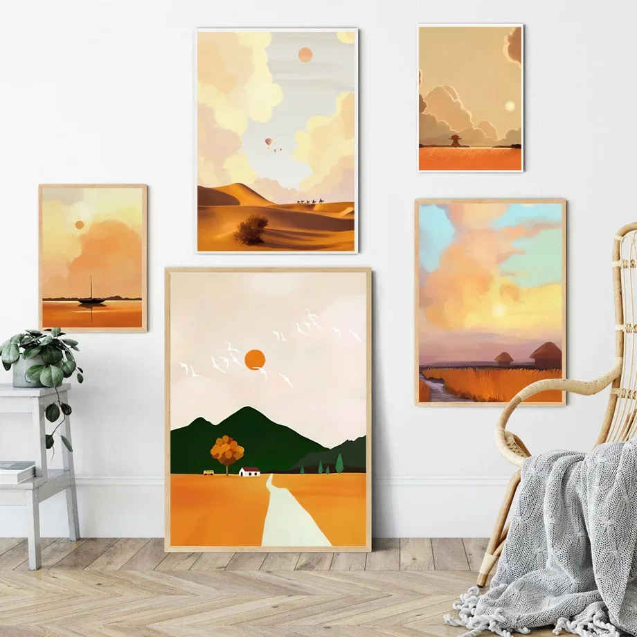 

Abstract Bird Sunset Desert Minimalist Landscape Wall Art Canvas Print Living Room Decorative Picture Poster