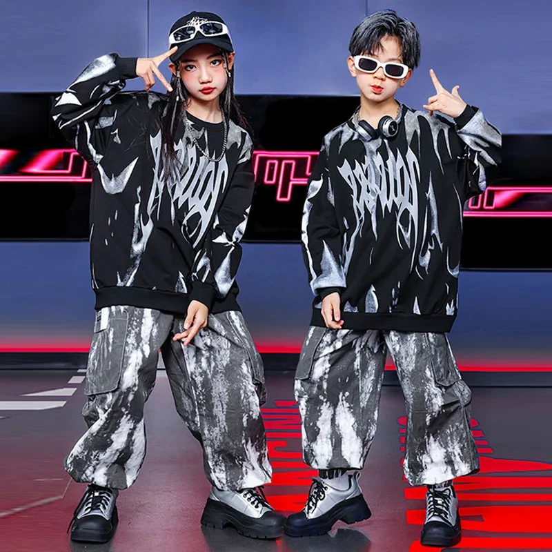 

Street Dance Costume Children Clothing Black Grey Tops Hip Hop Pants Boys Girls Jogger Pants Streetwear Jazz Dance Clothing