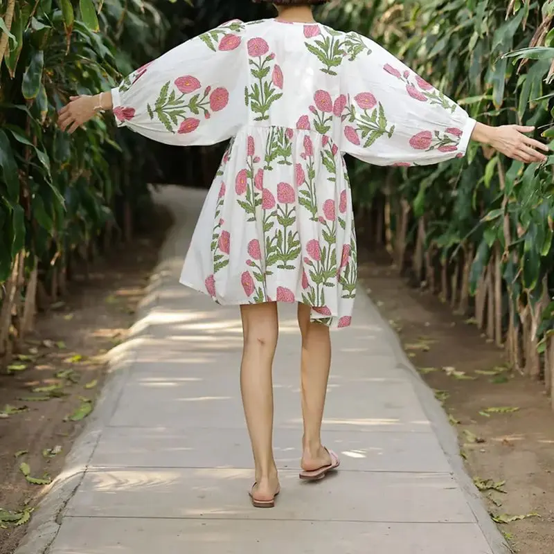 Combhasaki Damen Y2K Boho Loungewear Modische Loose Fit Ästhetischer Blumendruck Puff Langarm Kurzes Minikleid Streetwear