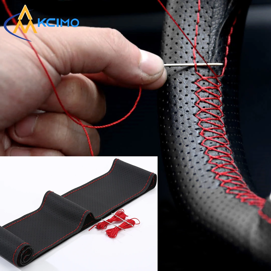 

Leather Steering Wheel Cover with Needles and Thread DIY Braid Car Steering Wheel Cover Interior Accessory For Diameter 37-38cm