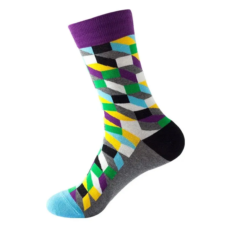 1 Pair Fashion Couples Socks Geometric Pattern Color Block Patchwork Street Suit In All Seasons For Daily