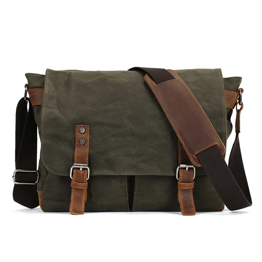 Men's Vintage Crossbody Bag Canvas & Crazy Horse Leather Large Capacity Waterproof Shoulder Bag for Casual Travel Daily Use