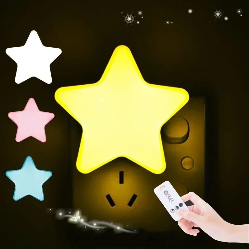 Remote Controller Cute Star LED Plug-in Night Light AC110-220V Timer Light Sensor Control Bedside Wall Lamp Baby Sleeping Light