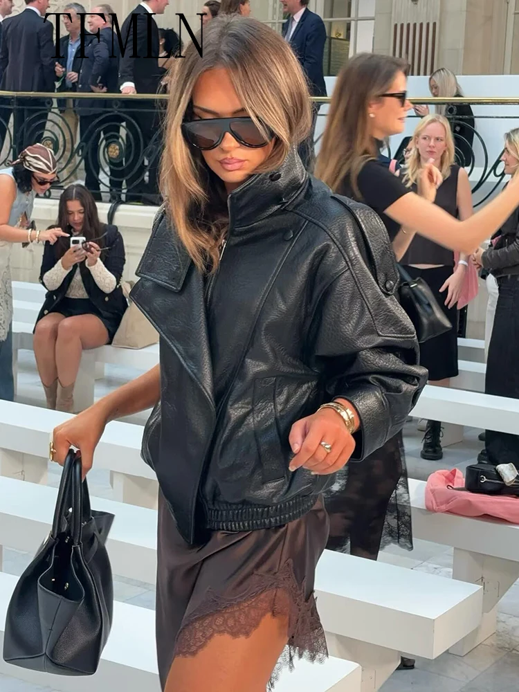 TFMLN 2025 المرأة فو الجلود سترة فضفاضة شارع العليا الوقوف طوق معطف طويل الأكمام موضة السببية سستة أبلى الخريف الشتاء #2