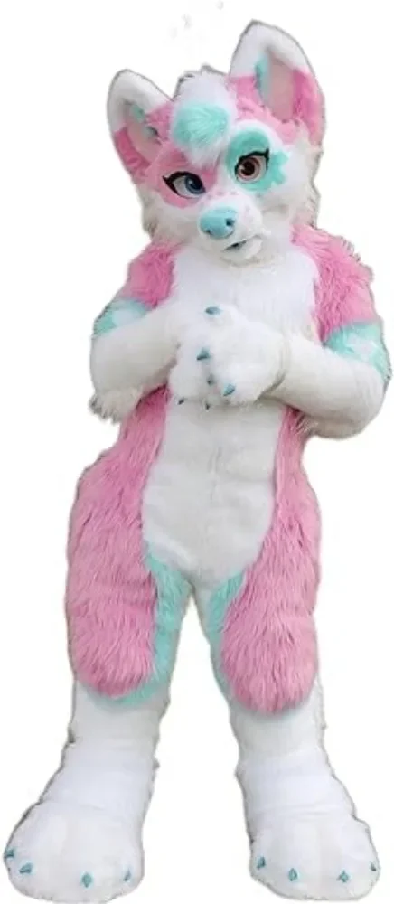 طويل الفراء فروي زي أجش الكلب الثعلب زي التميمة Fursuit الذئب الأبيض الأرجواني تأثيري حزب Fursuit هالوين دعوى الكبار الحجم #5