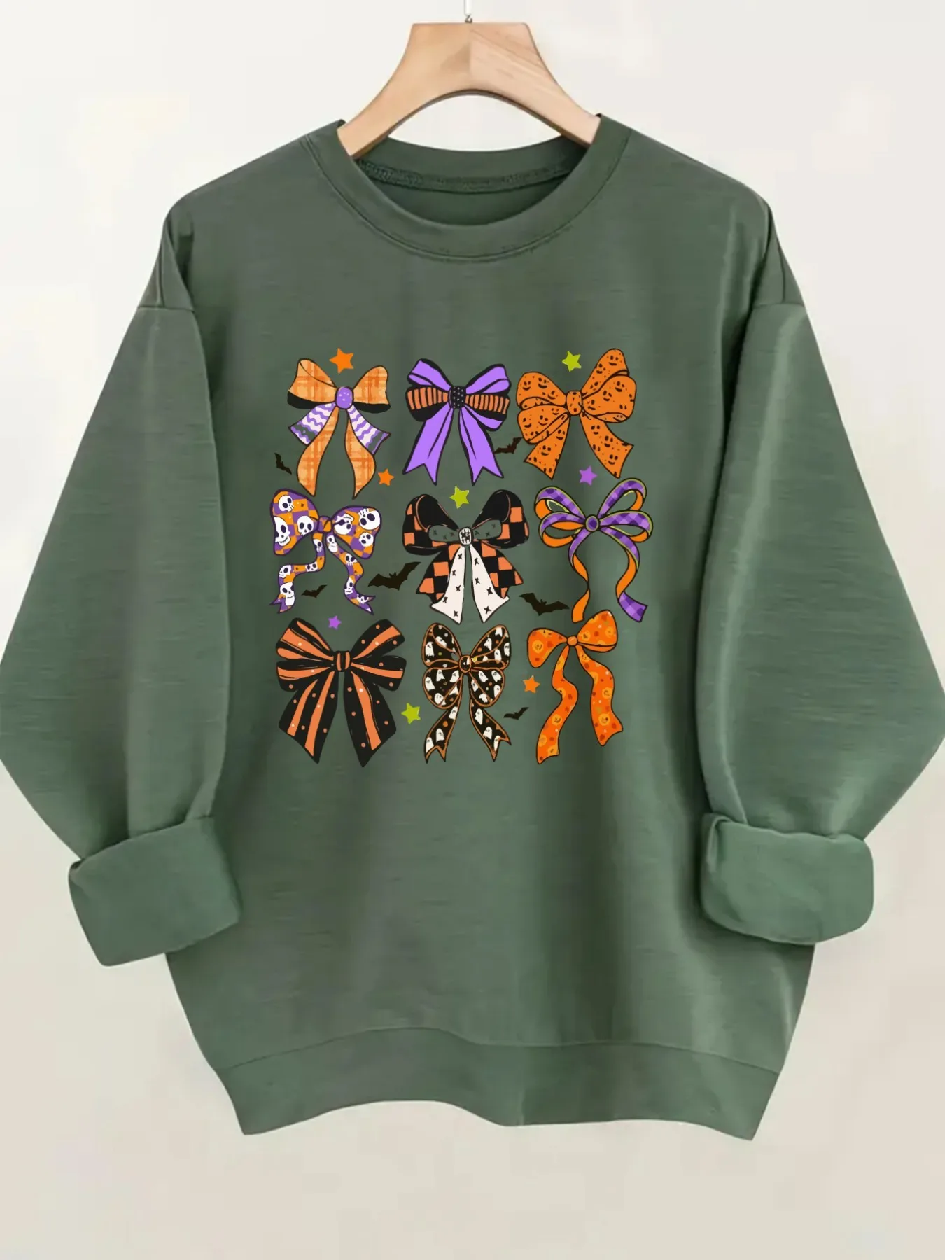 Women's Crew Neck Pullover Sweatshirt Halloween Bow Prints Design, Soft Casual Long Sleeve, Daily Casual Top Outfit, Winter Women's Clothing, Halloween Costume Outfit