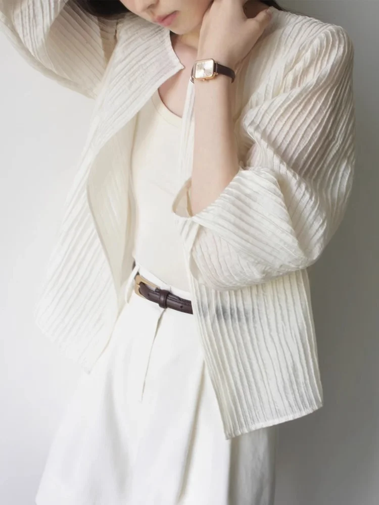 Camisa Elegante de Manga Larga para Mujer, con Arrugas, Rayas Verticales 3D, Estilo Coreano, Moda para el Trabajo, Primavera,...
