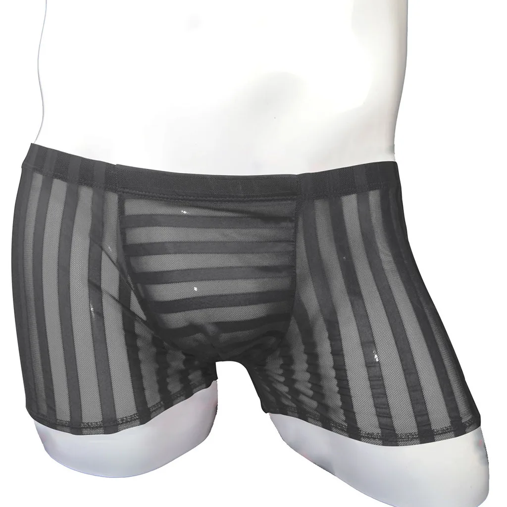 مخطط الصندوق الملابس الداخلية للرجال مثير العشير شبكة تنفس مطبوعة شفافة جذوع مثليون جنسيا منخفضة الارتفاع U محدب الحقيبة السروال