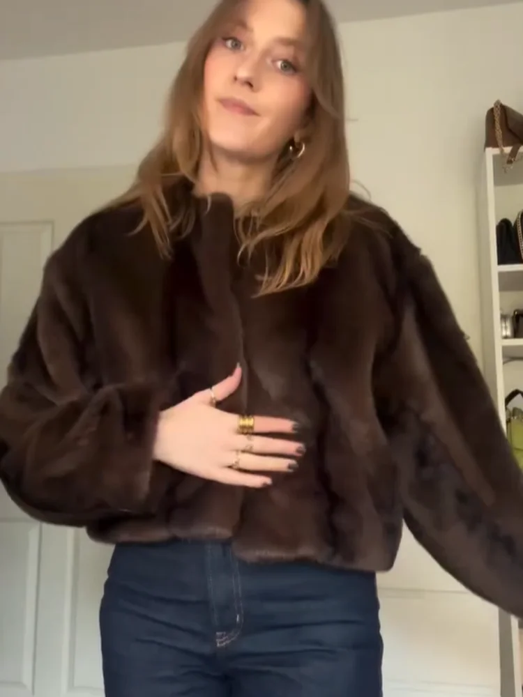 Manteau court en fausse fourrure marron foncé pour femme, veste chaude à manches longues, boucles à col rond, streetwear chic pour femme, mode élégante, automne et hiver