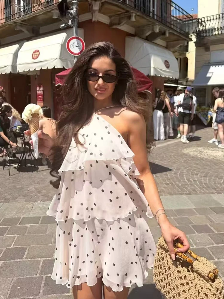 TFMLN Women Fashion Mini Dress Polka Dot Stacked Decorative Halter Collar Summer Elegant  Dress Sexy Sleeveless Backless Dress