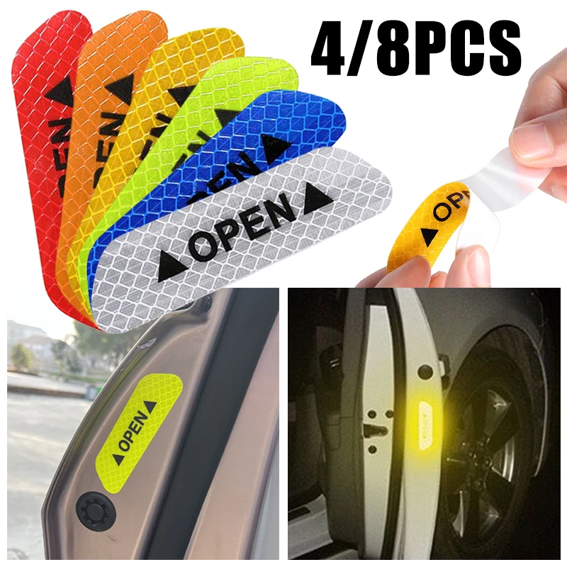 4/8Pcs Car Reflective Strips Sticker OPEN Safety Anti-collision Tape Decal Stickers Universal Night Warning Mark Car Accessories