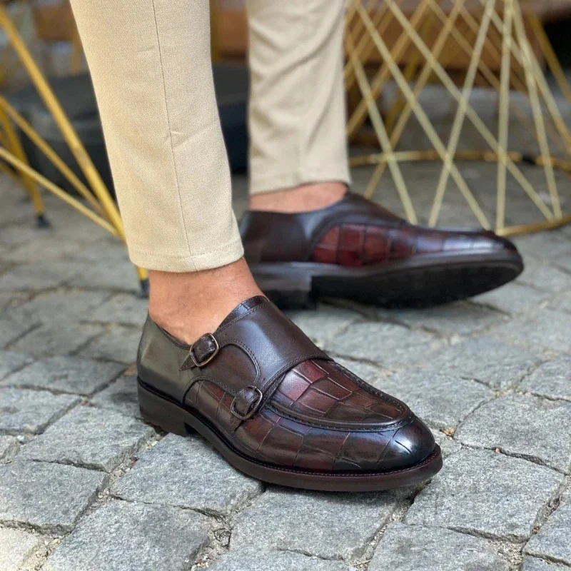 Black Men Formal Shoes Brown Loafers Slip-On Round Toe Business Double Buckle Monk Shoes for Men with