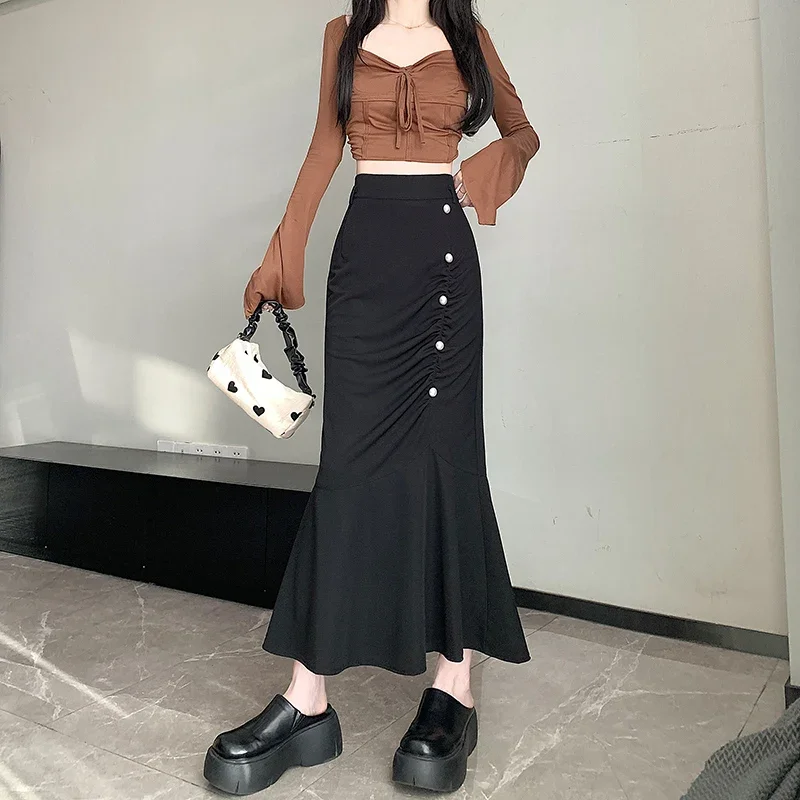 Mermaid Skirt for Women Slim Fit Ruched Buttons Fishtail Skirt Fashion Slim Black Midi Long Skirt Winter Spring 2025