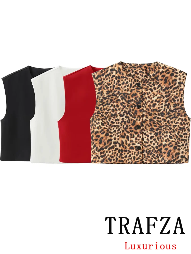 TRAFZA Vintage Casual Chic Women Tops Sleeveless Single Breasted Short Slim Vest New Fashion 2024 Autumn Holiday Female Tops