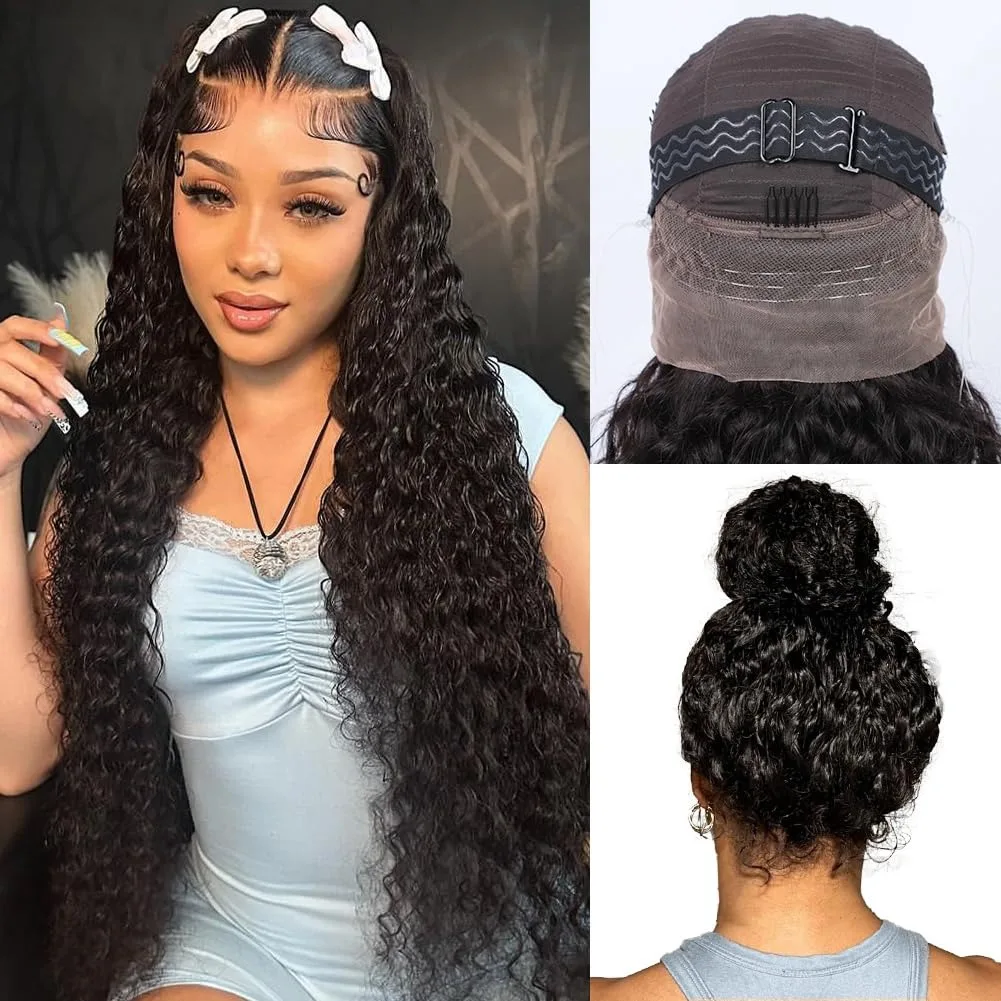 

12A Hidden Strap 360 Lace Frontal Wigs Human Hair Water Wave 5x5 HD Full Lace Closure Wig Glueless Drawstring Curly Wig 200%