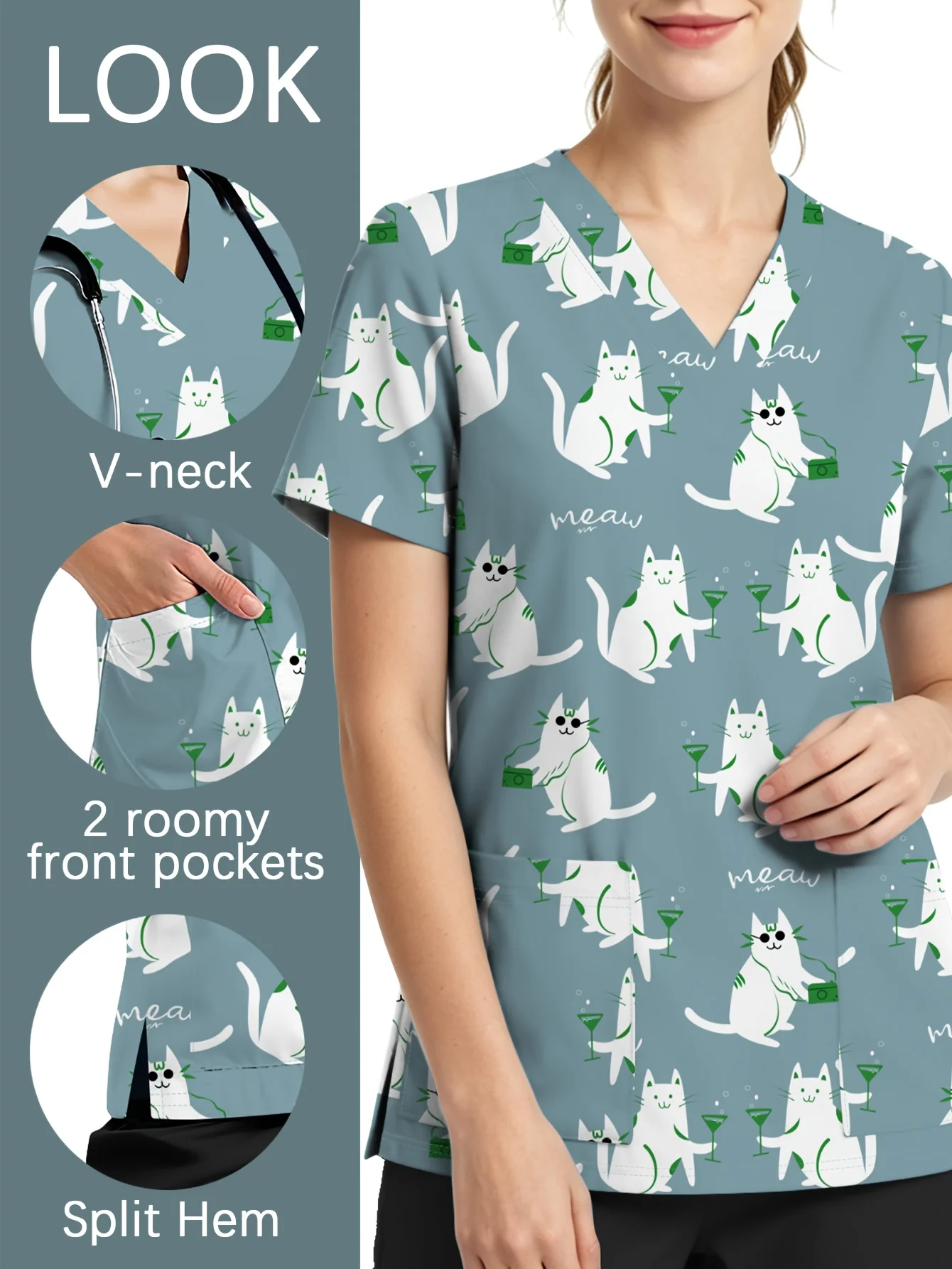 uniforme-cirurgico-feminino-modelo-elegante-de-manga-curta-com-decote-em-v-estampa-de-gato-ideal-para-o-verao-tecido-macio-uniforme-para-dentistas-roupa-de-trabalho-para-mulheres