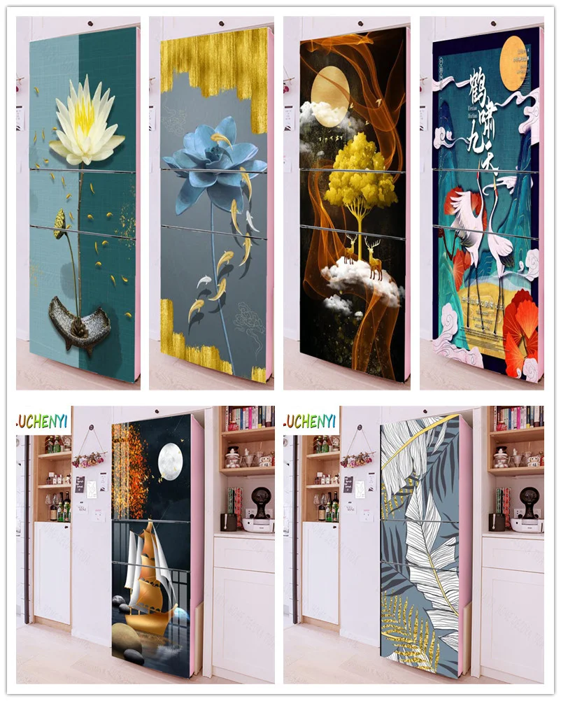 Papel de parede blue white flower golden deer tree refrigerator sticker  door stickerkitchen fridge wallpaper mural , home decor